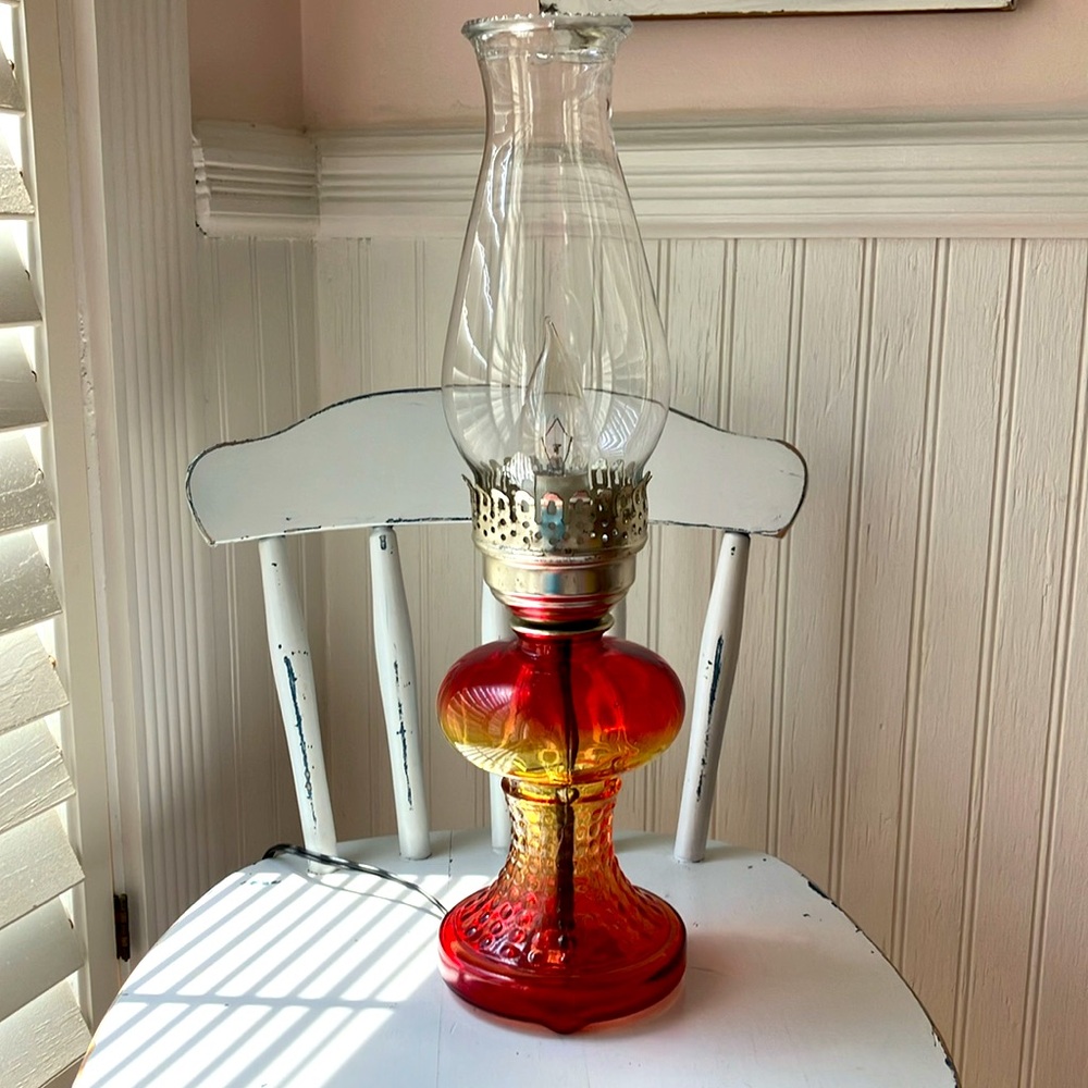 Vintage Red and Yellow Glass Hurricane Lamp